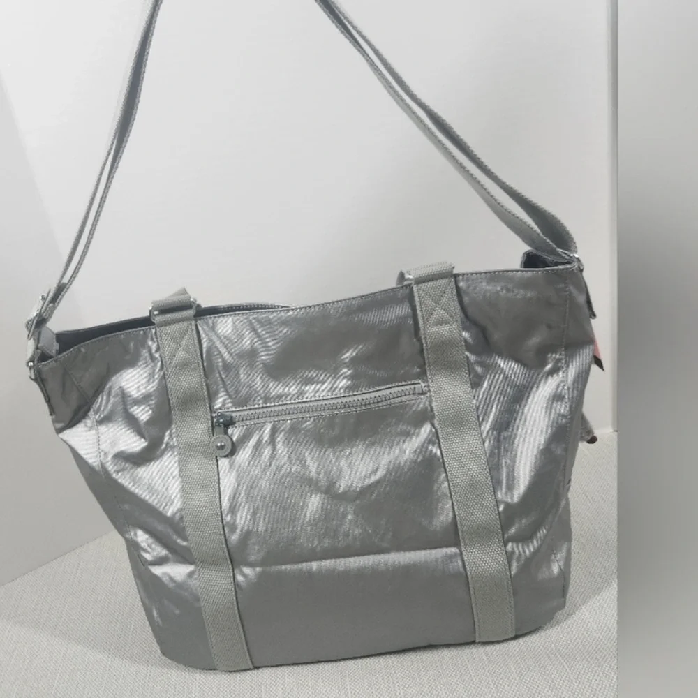 Kipling Adara Large Crossbody Tote Bag Smooth Silver Metallic